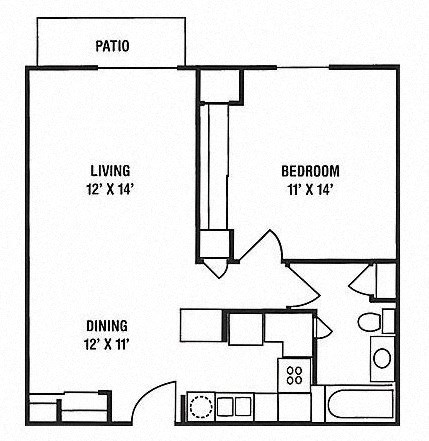Floor plan for 1 bed, 1 bath, 693 sqft